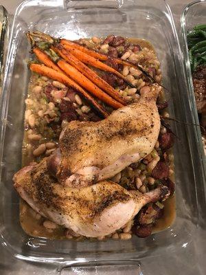 French-style cassoulet with wild boar sausage, chicken leg quarters, and organic carrots.