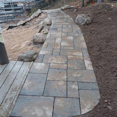 Part of a full landscape. Unilock beacon hill flagstone walkway leading  to 23 rossetta steps.