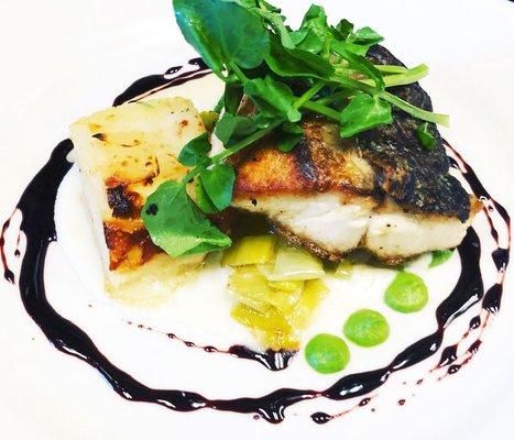 Sea Bass over Leek & Parsley Puree.