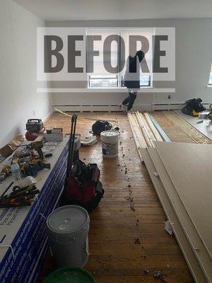 before the hardwood floors were installed in the living room. you can see the dining room before it was changed to a bedroom.