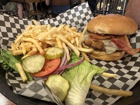 Bacon cheese burger with fries