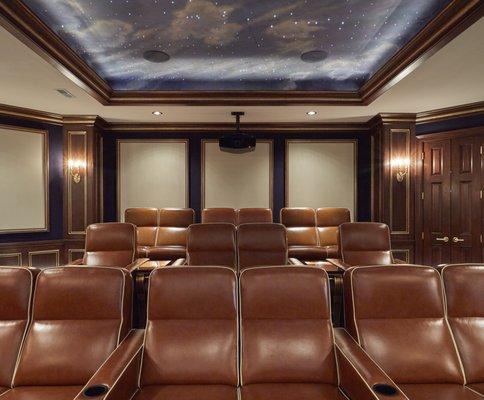 Barrington home theater with custom Fortress seats and star ceiling