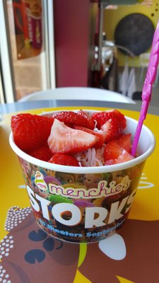 Small size of frozen strawberry yogurt with toasted coconut shavings and fresh strawberries