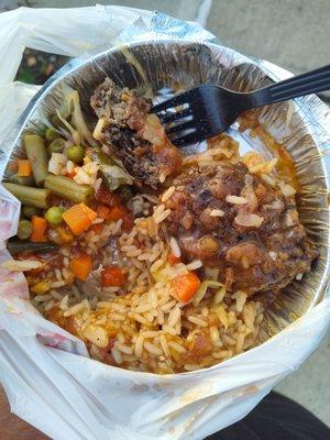 Oxtails, rice, mixed veggies, cabbage