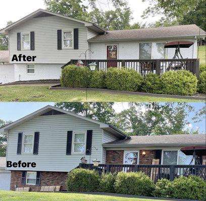 Before and after picture of exterior brick painting