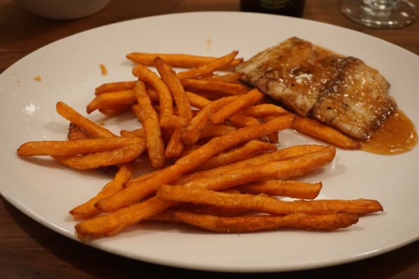 Teriyaki Glazed Seabass with Sweet Potato Fries