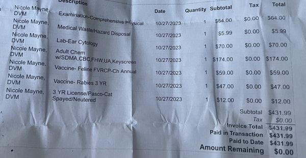 You can see on this bill that they didn't charge the fectal test because I didn't bring any in for them to test and I didn't ask for it-