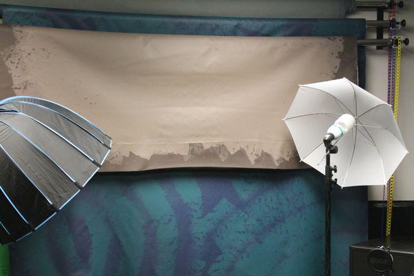 Theses backdrops are, ( 7'x14') made out of canvas, handpanted [brown, blue, and gray].