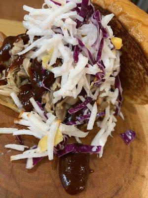 Sour Cherry BBQ House made Pulled Pork with Jicama Slaw on grilled Brioche!