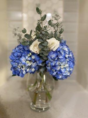 blue eucalyptus and blue hydrangeas - one on each side