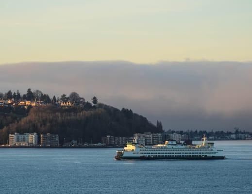 The Washington State Ferry goes across the Puget Sound.