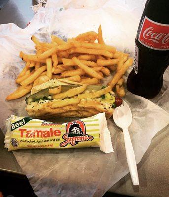 Richie V hot dog w/ fries & tamale  Ice cold coke in a bottle !