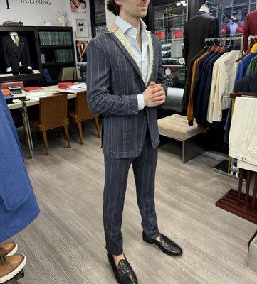 Client at my shop for first custom suit fitting