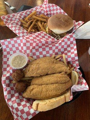 Catfish basket and bacon onion burger basket