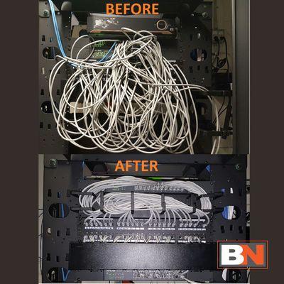 BEFORE AND AFTER 
 We like organization here at Brea  and there's nothing better than seeing a mess of CAT 6 wires nice and cleaned up