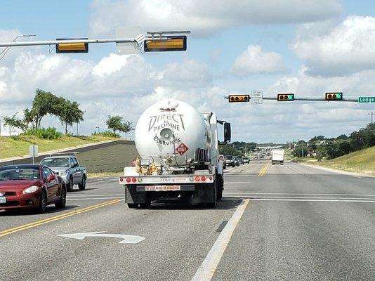 Direct Propane Truck just after running solid red light 290 west and Nutty Brown. 7-2-19