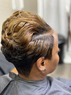 Precision tapered cut and Cinnamon Color.