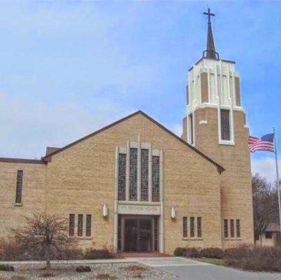 The front face of the church on the east side, although entrance to the campus is from the north (Davis Dr.) or south (Southfork Rd).