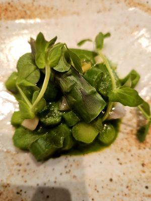 Course 6. Hake, green garlic, asparagus, sansho. Very tasty