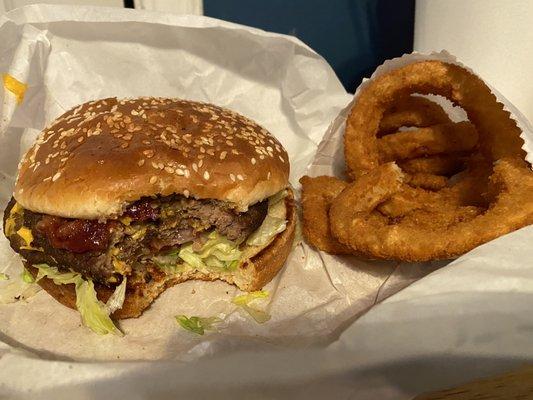 #1 combo with onion rings and a large Diet Pepsi. This double bacon cheeseburger is delicious!