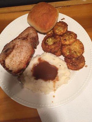 Pork chops, fried squash, mashed potatoes & gravy