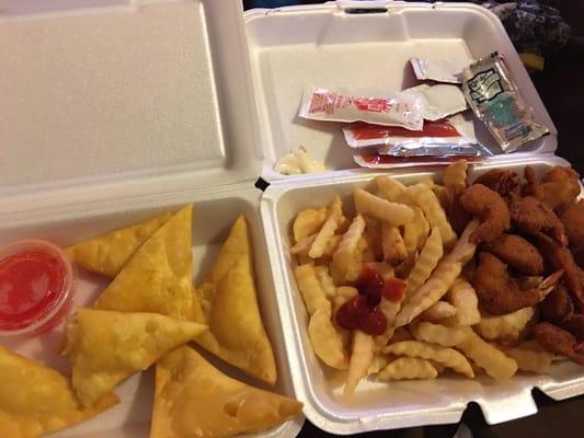 Fried baby shrimp with French fries and crab Rangoon