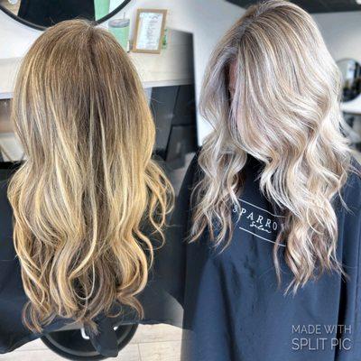 Before and after of our low maintenance blonde service!