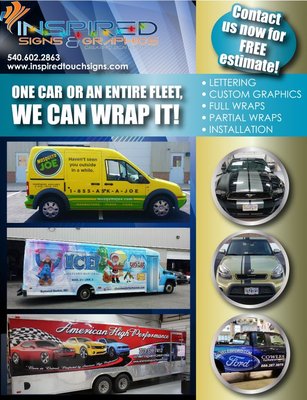 One car or a fleet-Buses,Trailers, Semis, Boats, Vans, Planes, Soap Box Derby.. whatever you get around in we can wrap it or apply graphics