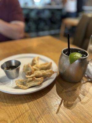 Pork Dumplings and a mango Savannah Mule