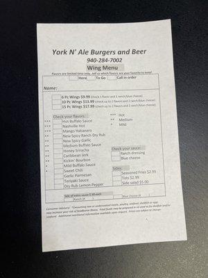 Wing menu