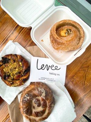 Coffee twist, chocolate pistachio babka knot, pumpkin cruffin