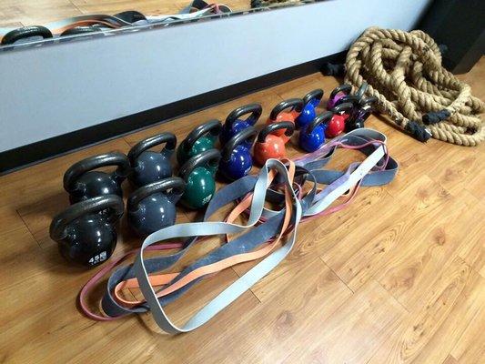 Kettlebells, ropes, and bands.