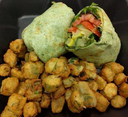 Grilled veggie wrap and fried okra