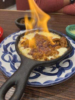 Queso flameado that's actually flaming! Con chorizo