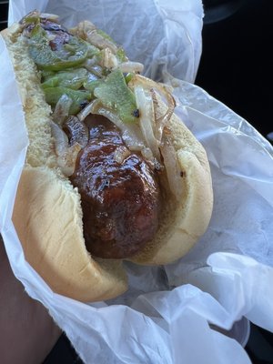 Italian sausage with grilled onions and peppers