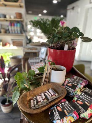 Plants, chapstick, drink sleeve