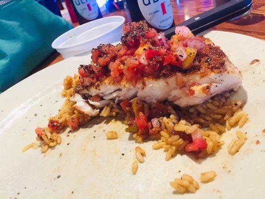 blacken snapper with mango salsa over rice with broccoli $13.00