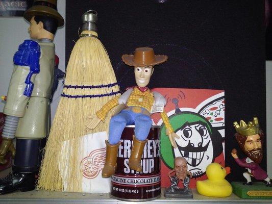 Dave's collection of odd toys, little woodie, burger king doll, rubber ducky