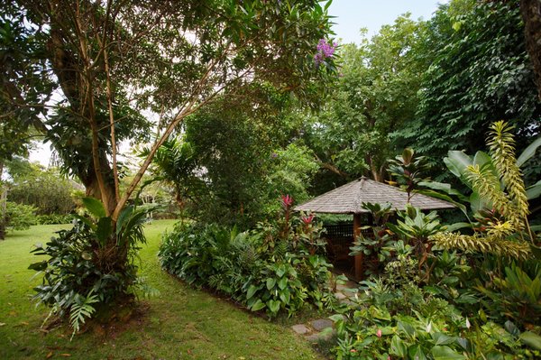 An Asian style gazebo at the entrance of the botanical garden