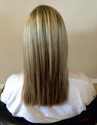 Maintaining fine thin hair, but still achieving sun kissed highlights while keeping in healthy condition with the help of Olaplex.