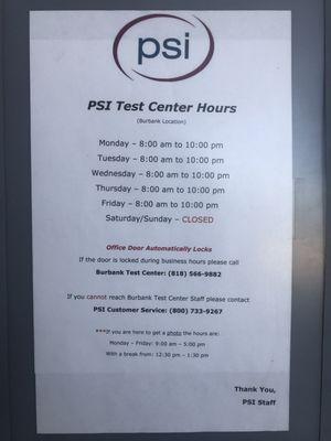 PSI Test Center Hours