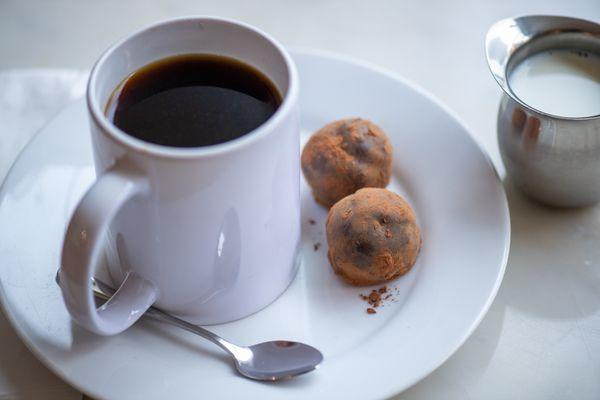 Our freshly brewed coffee and traditional truffle. Amazing combination!