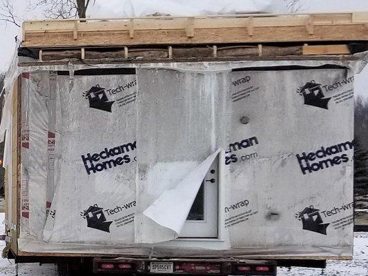 This is how a section of our Heckaman Home arrived Feb. 11, 2019.  The road grime is in the ceiling insulation directly over a bedroom.