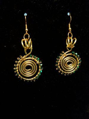 Gold Plated Spiral Earrings with Green Seed Beads