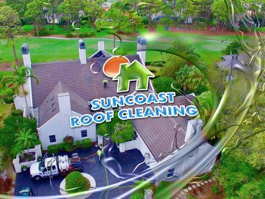 Suncoast Roof Cleaning in Sarasota, cleaning a tile roof.