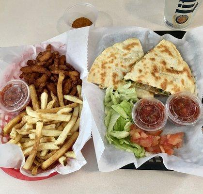 Clam strips and blackened fish quesadillas