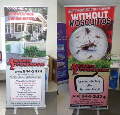 Retractable banners! Attention grabbers! Use them at your location or take them conveniently to wherever you need them!