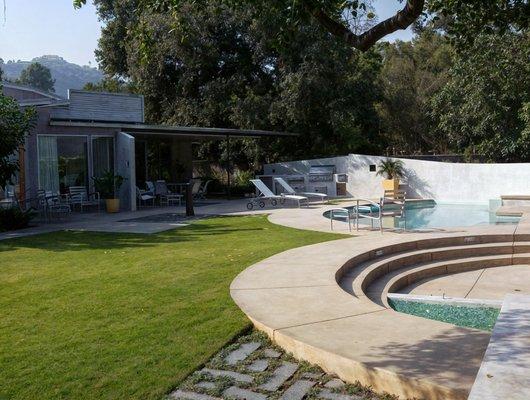 pool, landscape, firepit, and outdoor kitchen service