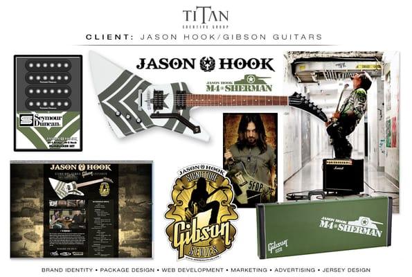 Created Jason's branding for his guitar, and designed the entire package for Gibson, including, sticker for the headstock and case.