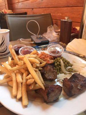 Lamb kebab platter with fries